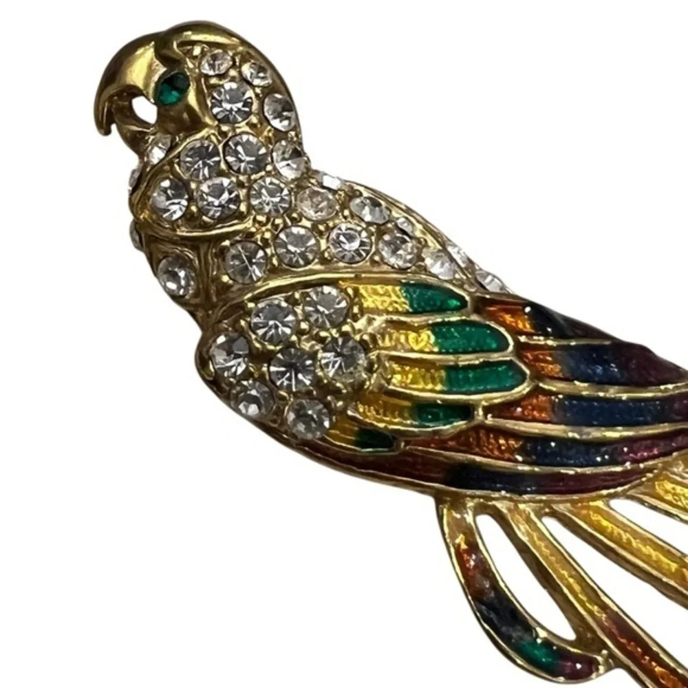 Large Bird‎ of Paradise Brooch Gold Tone Enamel Rhinestones Parrot Bird Colorful